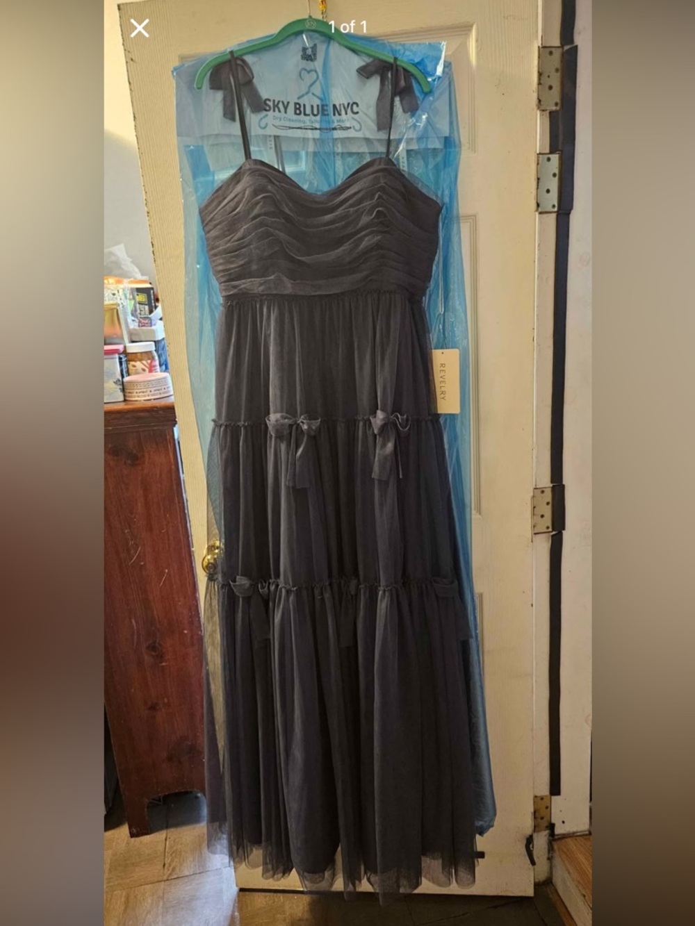 Revelry Strapless Tiered Tulle Gown in Charcoal Gray